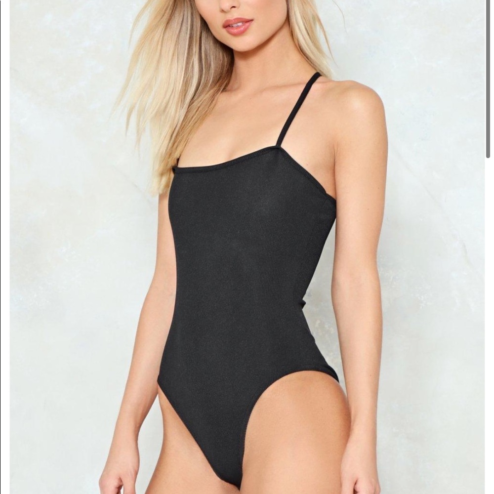 Square Neck Ribbed Bodysuit Cross back in Black
